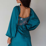 Trophy Long Sleeve Lace Bodice Mini Dress Forest Green