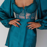 Trophy Long Sleeve Lace Bodice Mini Dress Forest Green