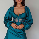 Trophy Long Sleeve Lace Bodice Mini Dress Forest Green