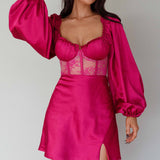 Trophy Long Sleeve Lace Bodice Mini Dress Plum