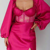 Trophy Long Sleeve Lace Bodice Mini Dress Plum