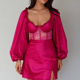 Trophy Long Sleeve Lace Bodice Mini Dress Plum