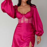 Trophy Long Sleeve Lace Bodice Mini Dress Plum