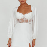 Trophy Long Sleeve Lace Bodice Mini Dress White