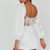 Trophy Long Sleeve Lace Bodice Mini Dress White