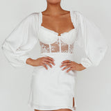 Trophy Long Sleeve Lace Bodice Mini Dress White