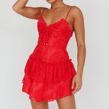 St Tropez Cami Strap Frill Trim Lace Mini Dress Red
