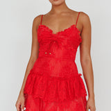 St Tropez Cami Strap Frill Trim Lace Mini Dress Red
