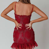St Tropez Cami Strap Frill Hem Lace Mini Dress Wine