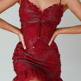 St Tropez Cami Strap Frill Hem Lace Mini Dress Wine