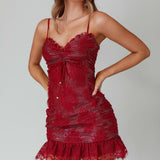 St Tropez Cami Strap Frill Hem Lace Mini Dress Wine