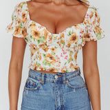 Besito Puff Sleeve Crop Top Floral White/Yellow