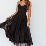 Smitten Sweetheart Neckline Chiffon Midi Dress Black Sparkle