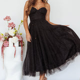 Smitten Sweetheart Neckline Chiffon Midi Dress Black Sparkle