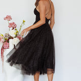 Smitten Sweetheart Neckline Chiffon Midi Dress Black Sparkle
