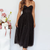 Smitten Sweetheart Neckline Chiffon Midi Dress Black Sparkle
