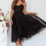 Smitten Sweetheart Neckline Chiffon Midi Dress Black Sparkle