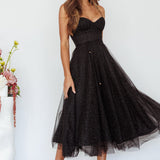 Smitten Sweetheart Neckline Chiffon Midi Dress Black Sparkle