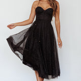 Smitten Sweetheart Neckline Chiffon Midi Dress Black Sparkle