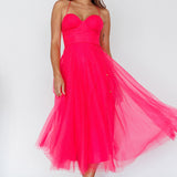 Smitten Sweetheart Neckline Chiffon Midi Dress Fuchsia