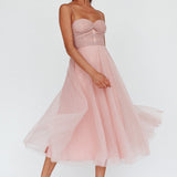 Smitten Lace Insert Tulle Midi Dress Blush