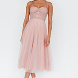 Smitten Lace Insert Tulle Midi Dress Blush
