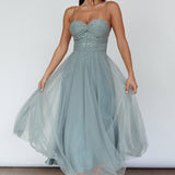 Smitten Lace Insert Tulle Midi Dress Sage