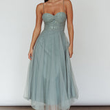 Smitten Lace Insert Tulle Midi Dress Sage