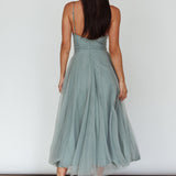 Smitten Lace Insert Tulle Midi Dress Sage