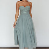 Smitten Lace Insert Tulle Midi Dress Sage