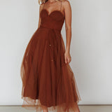Smitten Sweetheart Neckline Chiffon Midi Dress Chocolate