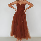 Smitten Sweetheart Neckline Chiffon Midi Dress Chocolate