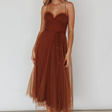 Smitten Sweetheart Neckline Chiffon Midi Dress Chocolate