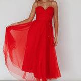 Smitten Sweetheart Neckline Chiffon Midi Dress Red