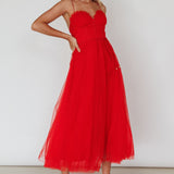 Smitten Sweetheart Neckline Chiffon Midi Dress Red
