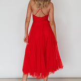 Smitten Sweetheart Neckline Chiffon Midi Dress Red