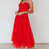 Smitten Sweetheart Neckline Chiffon Midi Dress Red