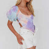 Just A Glimpse Puff Sleeve Open Back Bodysuit Tie-Dye Purple/Blue