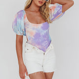 Just A Glimpse Puff Sleeve Open Back Bodysuit Tie-Dye Purple/Blue