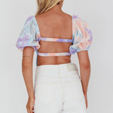 Just A Glimpse Puff Sleeve Open Back Bodysuit Tie-Dye Purple/Blue