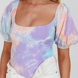 Just A Glimpse Puff Sleeve Open Back Bodysuit Tie-Dye Purple/Blue