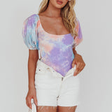 Just A Glimpse Puff Sleeve Open Back Bodysuit Tie-Dye Purple/Blue