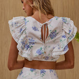 Wild And Free Pintuck Pleat Ruffle Crop Top Floral Beige