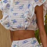 Wild And Free Pintuck Pleat Ruffle Crop Top Floral Beige