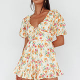 Costa Rica Puff Sleeve Romper Floral Beige