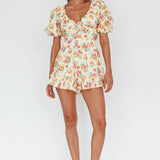 Costa Rica Puff Sleeve Romper Floral Beige