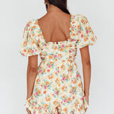 Costa Rica Puff Sleeve Romper Floral Beige