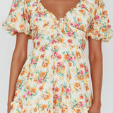Costa Rica Puff Sleeve Romper Floral Beige