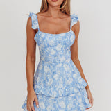 Moonlit Moment Ruffle Trim Lace-Up Back Dress Floral Blue