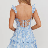 Moonlit Moment Ruffle Trim Lace-Up Back Dress Floral Blue